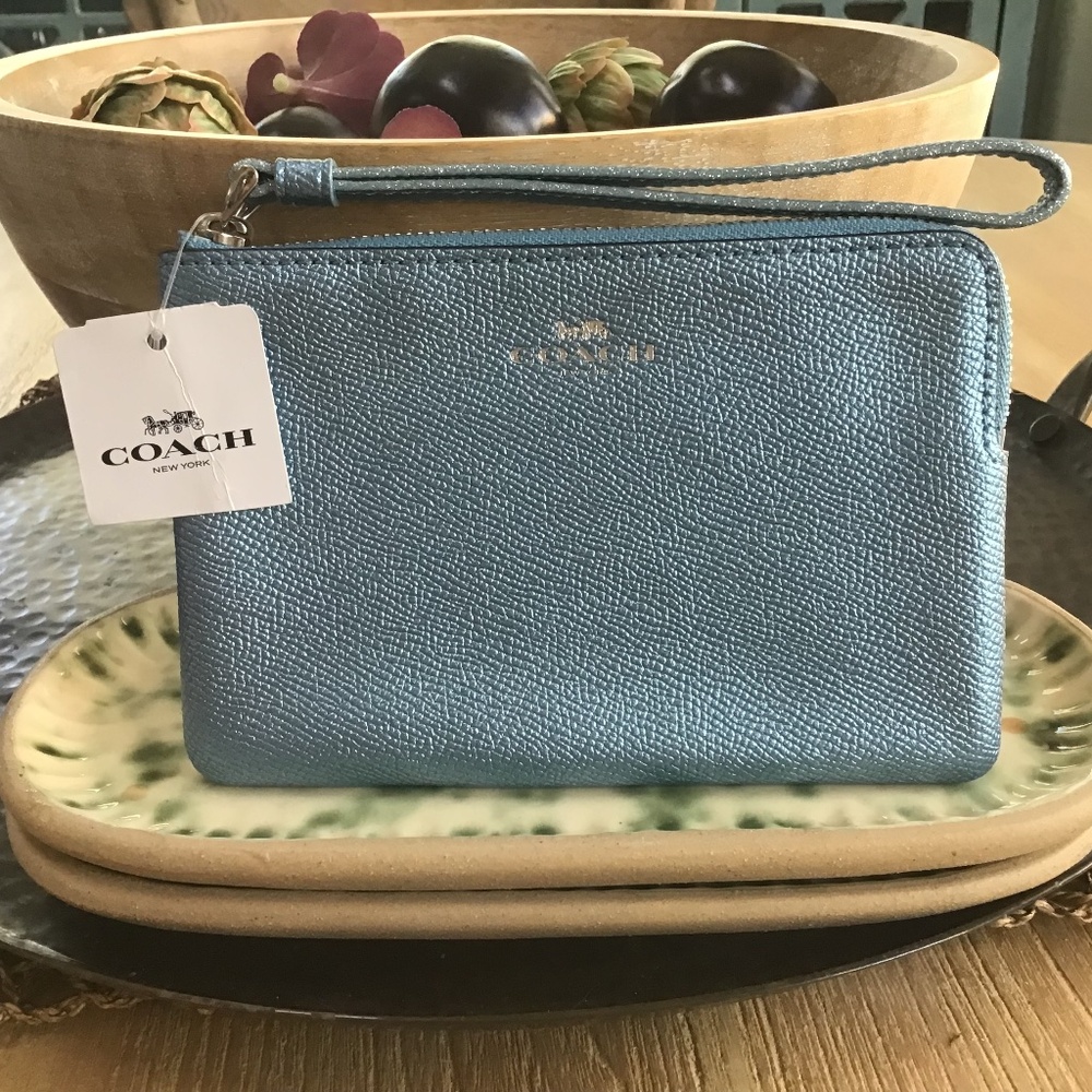 COACH Blue Metalic Leather Corner Zip Wristlet NWT